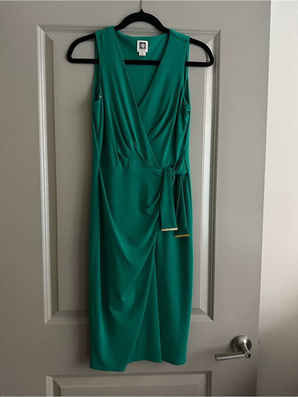Anne Klein Teal Green Faux-Wrap Sleeveless Dress with Side Tie